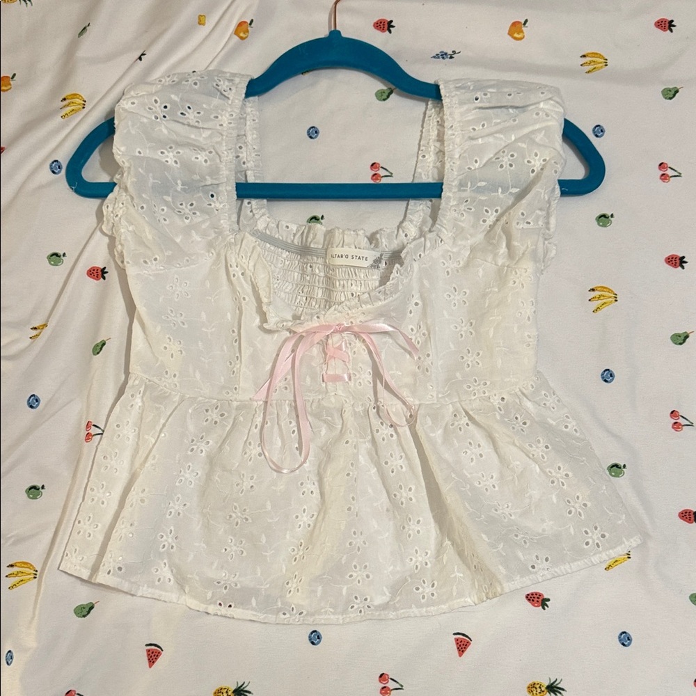 Altar'd State White Eyelet Crop Top with Pink Ribbon